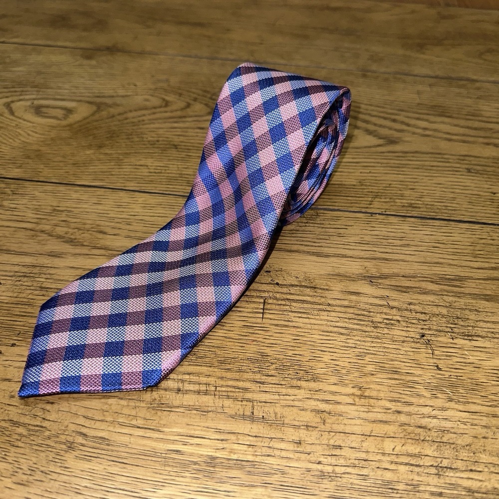 Tommy Hilfiger Men's Neck Tie Pink & Blue Plaid Silk Blend Easter Spring Church